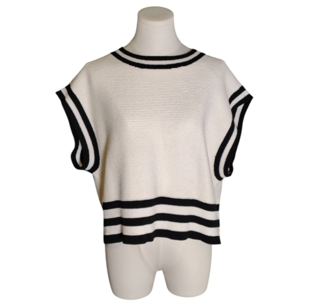 RD Style Nautical Ribbed Navy Blue & White Striped Sleeveless Sweater Size Large